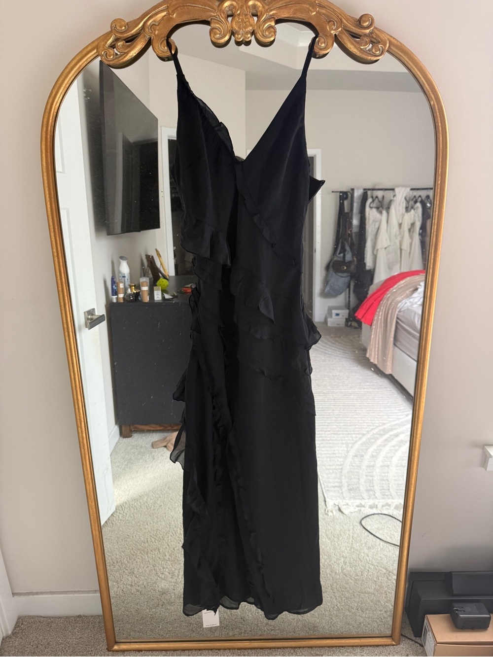 Abercrombie & Fitch Black Asymmetrical Ruffle Slip Dress